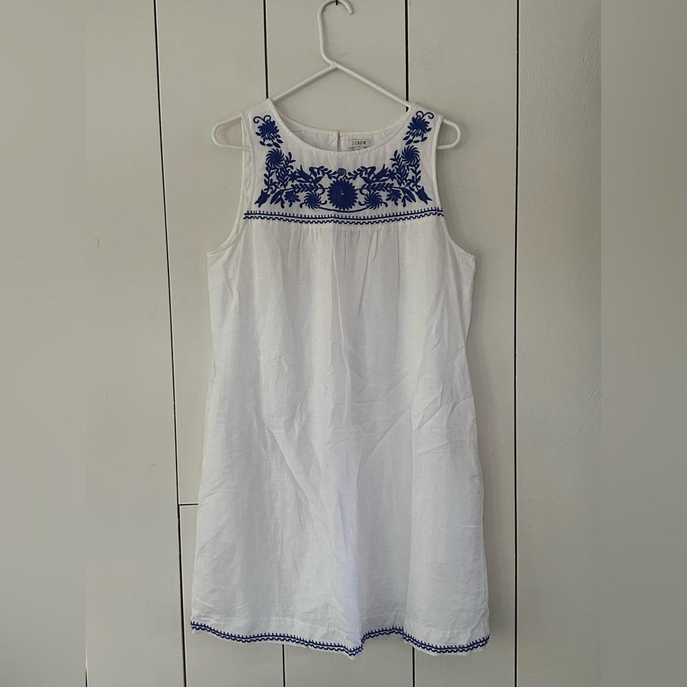 J.Crew Embroidered Dress Sz M White Blue Linen Cotton Lined - Picture 4 of 16